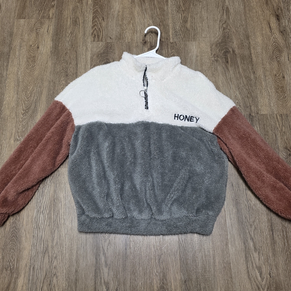 SHEIN Women's Cozy Colorblock Teddy Jacket - Cream, Gray, and Dusty Rose